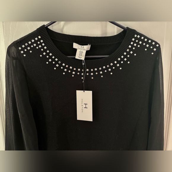 NWT Halston Black Embellished-Collar Sweater w/ Long Sheer Sleeves, Size M - Picture 2 of 7